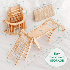 5in1 Montessori climbing set featuring triangle ladder, arch rocker, slide board, netting rope, and cushion at angle 2.
