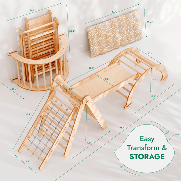 5in1 Montessori climbing set featuring triangle ladder, arch rocker, slide board, netting rope, and cushion at angle 2.