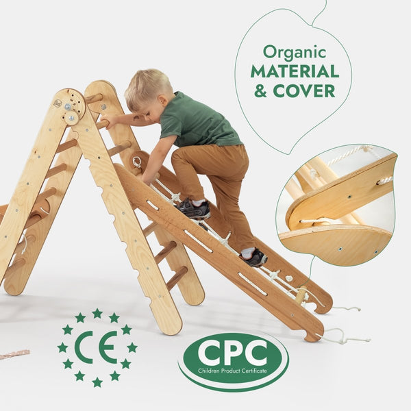 5in1 Montessori climbing set with triangle ladder, arch rocker, slide board, netting rope, and cushion at angle 3.