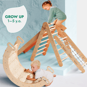 5in1 Montessori Climbing Set: Triangle Ladder + Arch/Rocker + Slide Board/Ramp + Netting rope + Cushion