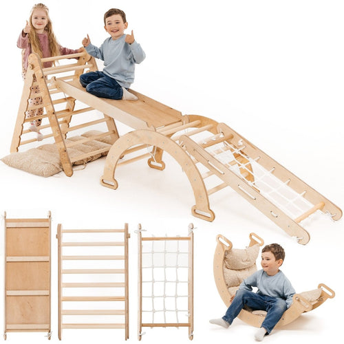 5in1 Montessori Climbing Set: Triangle Ladder, Arch, Slide Board, Netting Rope, Cushion for active play and development.