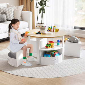 5 Piece Toddler Round Nesting Table with 4 Storage Stools for Activity-Natural