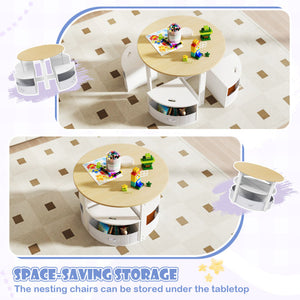 5 Piece Toddler Round Nesting Table with 4 Storage Stools for Activity-Natural