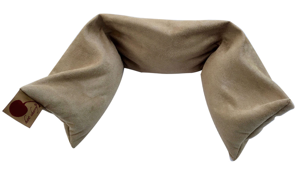 Hot Cherry Neck Wrap in Plush Tan Ultra-suede - Comfortable baby pillow for soothing warmth and relaxation.