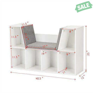 6-Cubby Kid Storage Bookcase Cushioned Reading Nook-White White Kids Storage