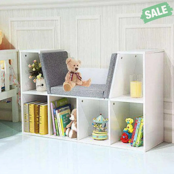 6-Cubby Kid Storage Bookcase Cushioned Reading Nook-White White Kids Storage