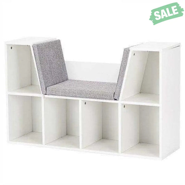 6-Cubby Kid Storage Bookcase Cushioned Reading Nook-White White Kids Storage