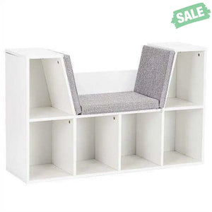 6-Cubby Kid Storage Bookcase Cushioned Reading Nook-White White Kids Storage