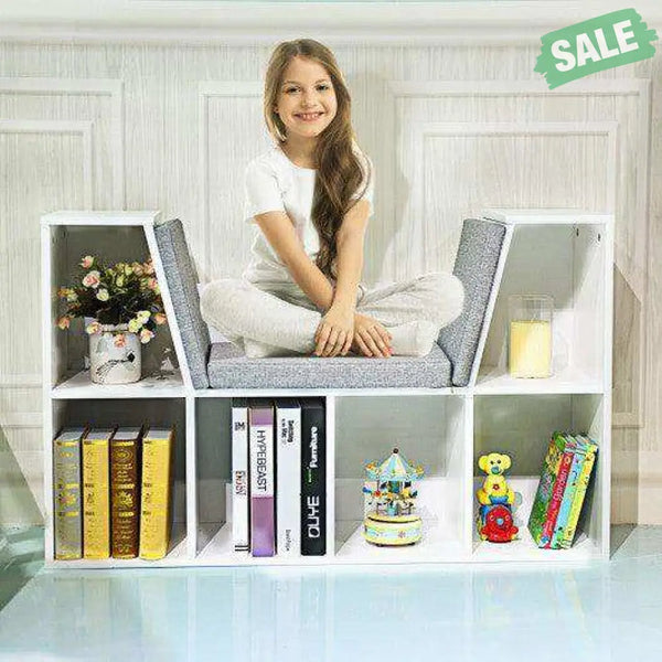 6-Cubby Kid Storage Bookcase Cushioned Reading Nook-White White Kids Storage