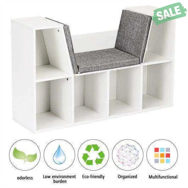 6-Cubby Kid Storage Bookcase Cushioned Reading Nook-White White Kids Storage