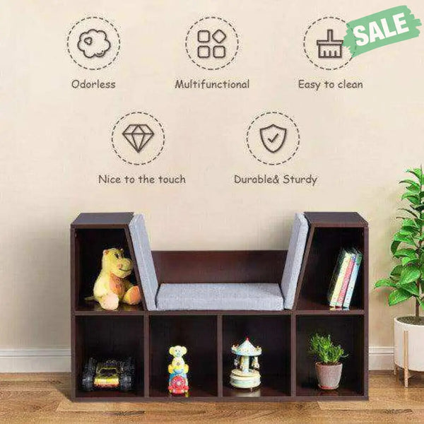6-Cubby Kid Storage Bookcase Cushioned Reading Nook-White White Kids Storage