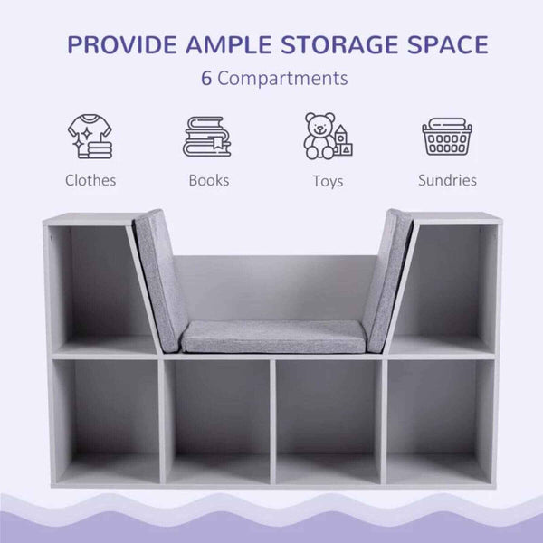 HOMCOM 6-Cubby Kids Bookcase with Reading Nook and Cushion, Gray