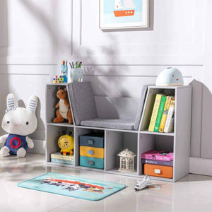 HOMCOM 6-Cubby Kids Bookcase with Reading Nook and Cushion, Gray