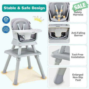 6-in-1 Convertible Baby High Chair with Adjustable Removable Tray-Gray Gray High Chairs