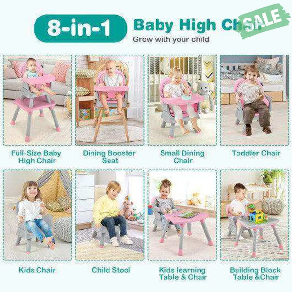 6-in-1 Convertible Baby High Chair with Adjustable Removable Tray-Gray Gray High Chairs