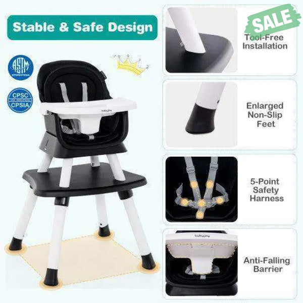6-in-1 Convertible Baby High Chair with Adjustable Removable Tray-Gray Gray High Chairs