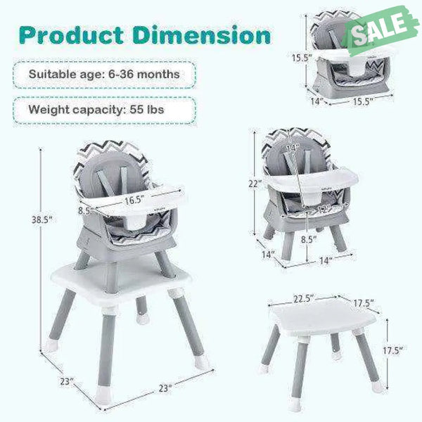 6-in-1 Convertible Baby High Chair with Adjustable Removable Tray-Gray Gray High Chairs