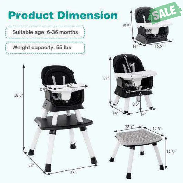 6-in-1 Convertible Baby High Chair with Adjustable Removable Tray-Gray Gray High Chairs