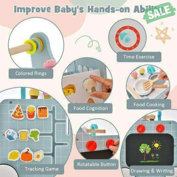 6-in-1 Wooden Baby Stroller with Play Kitchen for Kids Over 12 Months-Blue