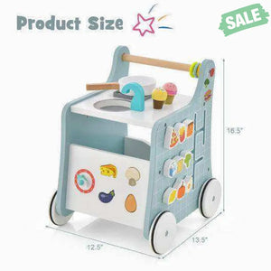 6-in-1 Wooden Baby Stroller with Play Kitchen for Kids Over 12 Months-Blue