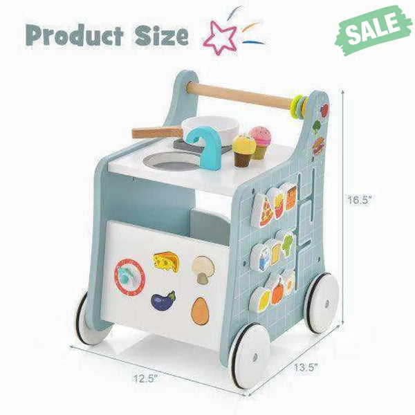 6-in-1 Wooden Baby Stroller with Play Kitchen for Kids Over 12 Months-Blue