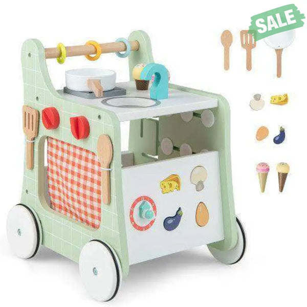 6-in-1 Wooden Baby Stroller with Play Kitchen for Kids Over 12 Months-Green