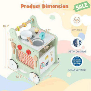 6-in-1 Wooden Baby Stroller with Play Kitchen for Kids Over 12 Months-Green