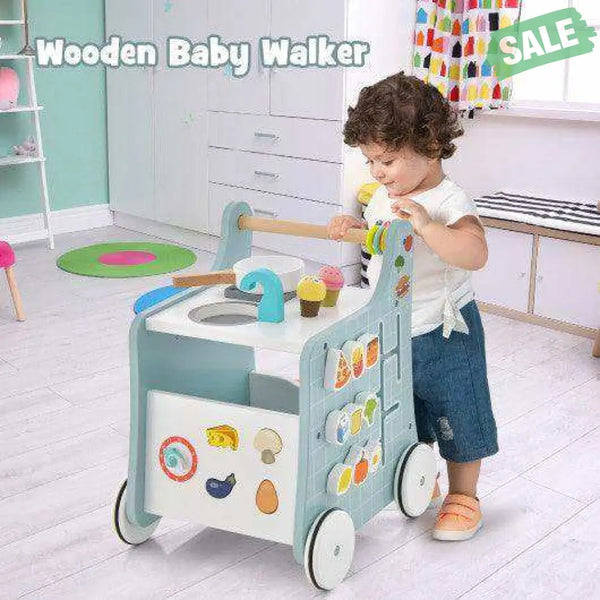 6-in-1 Wooden Baby Stroller with Play Kitchen for Kids Over 12 Months-Blue