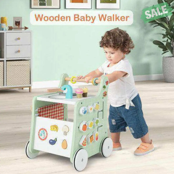 6-in-1 Wooden Baby Stroller with Play Kitchen for Kids Over 12 Months-Green