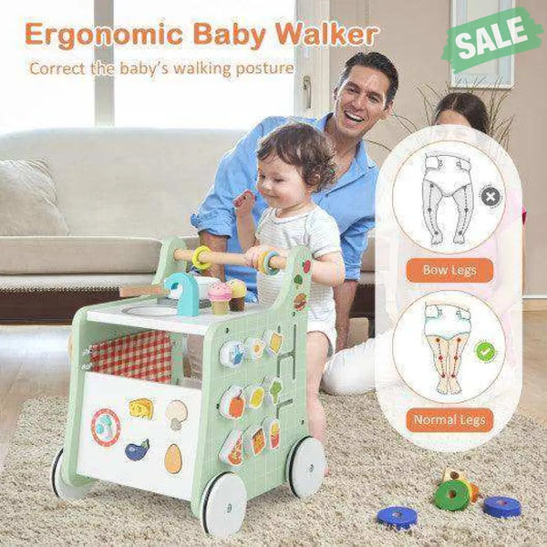 6-in-1 Wooden Baby Stroller with Play Kitchen for Kids Over 12 Months-Green