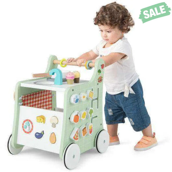 6-in-1 Wooden Baby Stroller with Play Kitchen for Kids Over 12 Months-Green