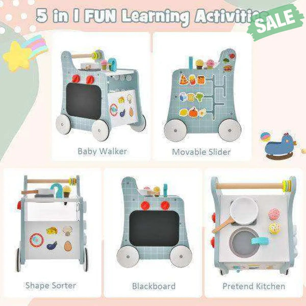 6-in-1 Wooden Baby Stroller with Play Kitchen for Kids Over 12 Months-Blue