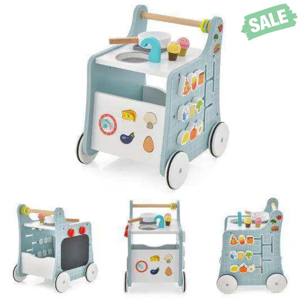 6-in-1 Wooden Baby Stroller with Play Kitchen for Kids Over 12 Months-Blue