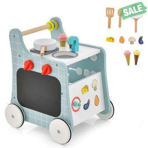 6-in-1 Wooden Baby Stroller with Play Kitchen for Kids Over 12 Months-Blue