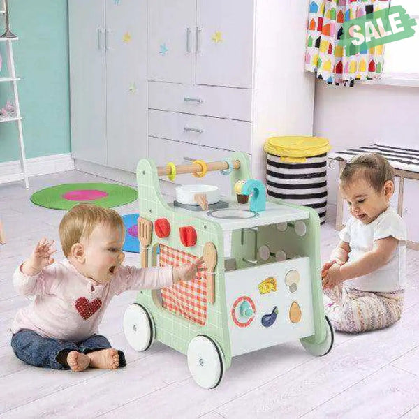 6-in-1 Wooden Baby Stroller with Play Kitchen for Kids Over 12 Months-Green