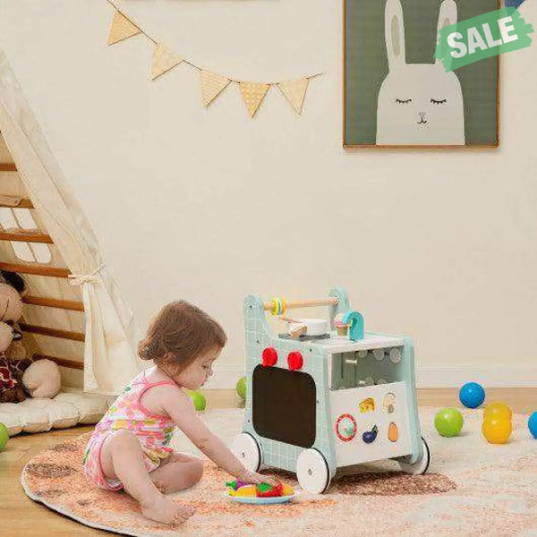 6-in-1 Wooden Baby Stroller with Play Kitchen for Kids Over 12 Months-Blue