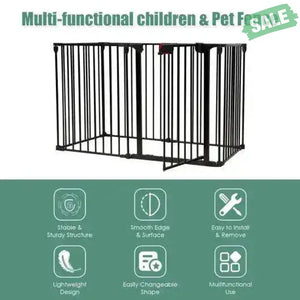 6 Panel Wall-mount Adjustable Baby Safe Metal Fence Barrier-Black Black Baby Playpen & Playards