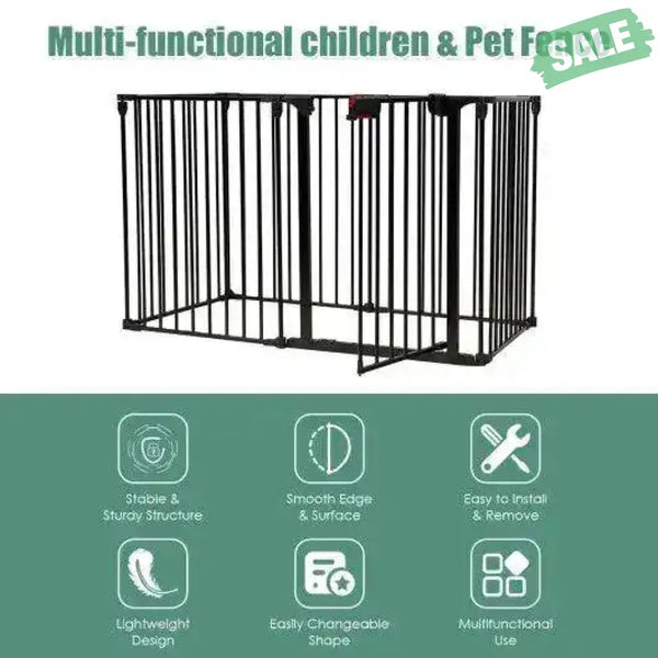 6 Panel Wall-mount Adjustable Baby Safe Metal Fence Barrier-Black Black Baby Playpen & Playards