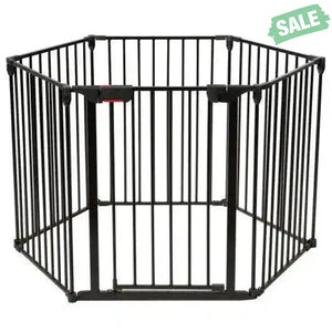 6 Panel Wall-mount Adjustable Baby Safe Metal Fence Barrier-Black Black Baby Playpen & Playards