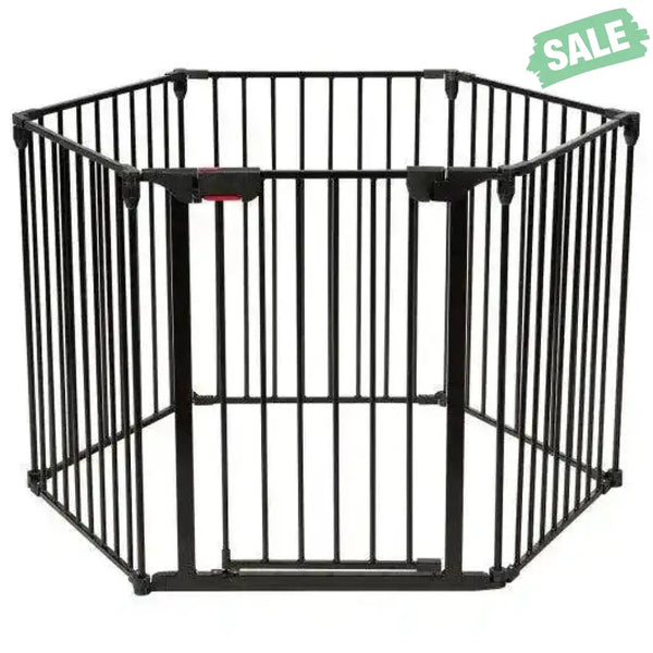 6 Panel Wall-mount Adjustable Baby Safe Metal Fence Barrier-Black Black Baby Playpen & Playards