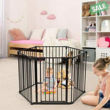 6 Panel Wall-mount Adjustable Baby Safe Metal Fence Barrier-Black Black Baby Playpen & Playards