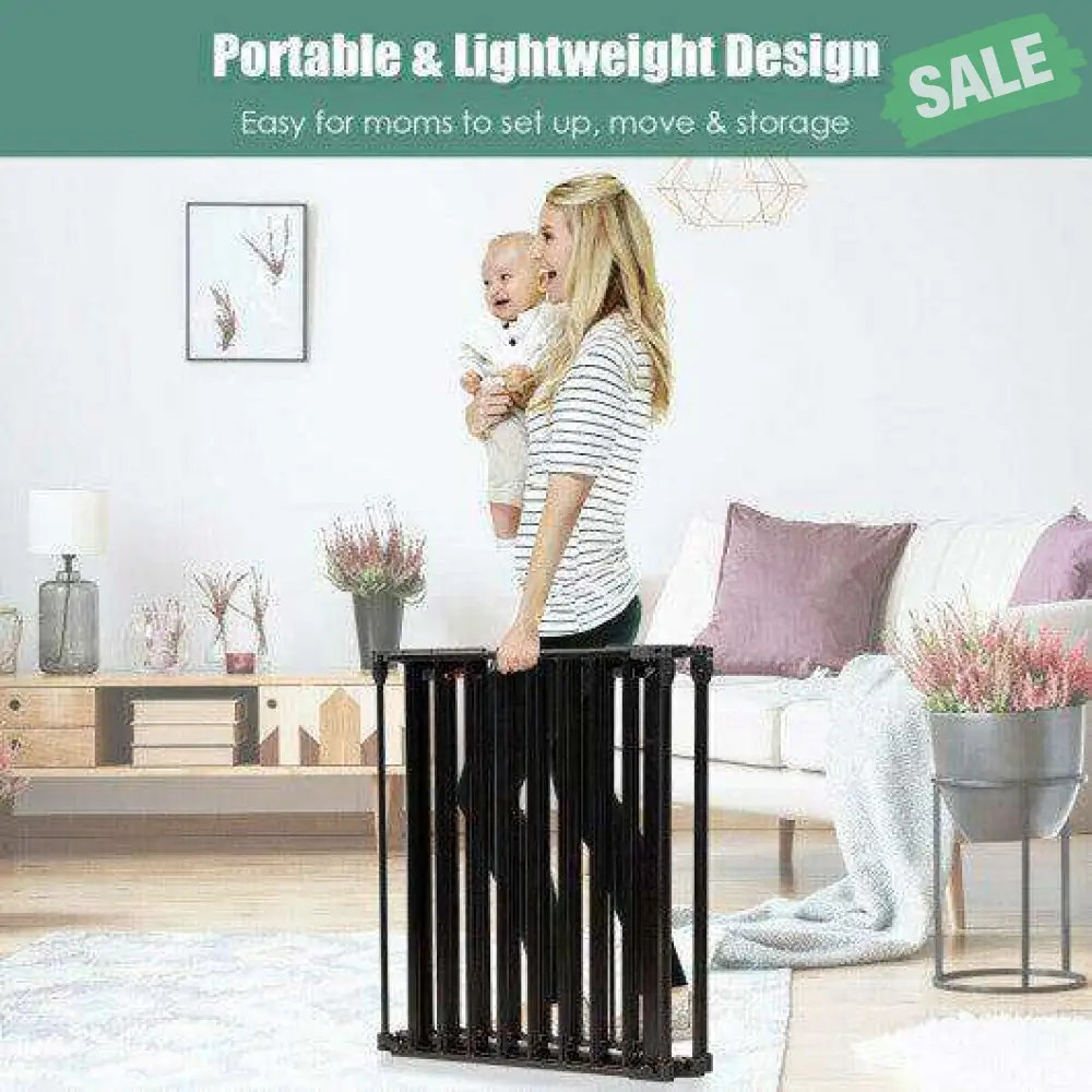 6 Panel Wall-mount Adjustable Baby Safe Metal Fence Barrier-Black Black Baby Playpen & Playards