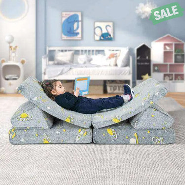 6 PCS Kids Play Couch with 4 Base Cushions and 2 Backrest Cushions-Gray Gray Kids Chairs & Seating