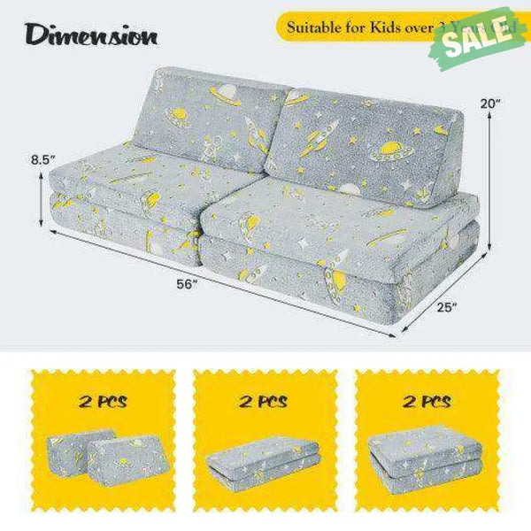 6 PCS Kids Play Couch with 4 Base Cushions and 2 Backrest Cushions-Gray Gray Kids Chairs & Seating