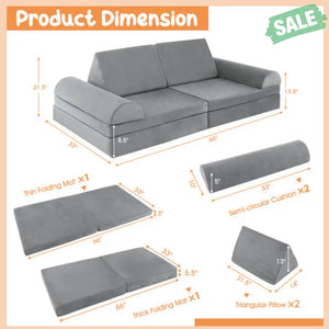 6 Pieces Convertible Kids Sofa Playset with Zipper-Gray Kids Chairs & Seating