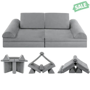 6 Pieces Convertible Kids Sofa Playset with Zipper-Gray Kids Chairs & Seating