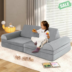6 Pieces Convertible Kids Sofa Playset with Zipper-Gray Kids Chairs & Seating