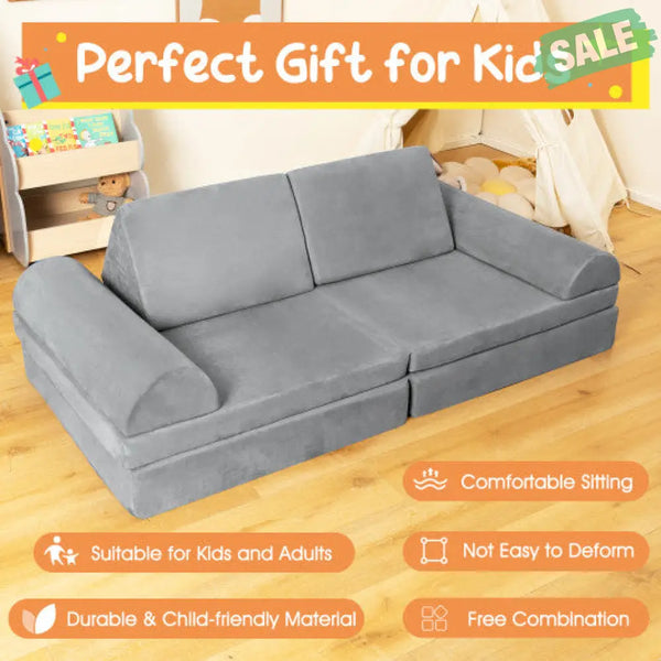 6 Pieces Convertible Kids Sofa Playset with Zipper-Gray Gray Kids Chairs & Seating