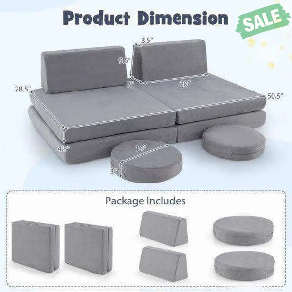 6 Pieces Modular Kids Play Couch Set with Washable Covers for Living Room Playroom-Gray Kids Chairs & Seating
