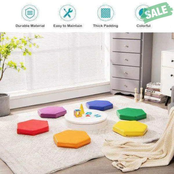 6 Pieces Multifunctional Hexagon Toddler Floor Cushions Classroom Seating with Handles-Blue Blue Kids Chairs & Seating